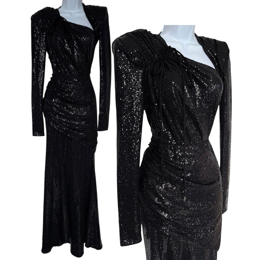 The Attico Black Sequin Asymmetrical Long Sleeve Dress Formal Gown IT38
